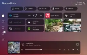 Smart home control dashboard showing lighting, climate, security, shades and audio