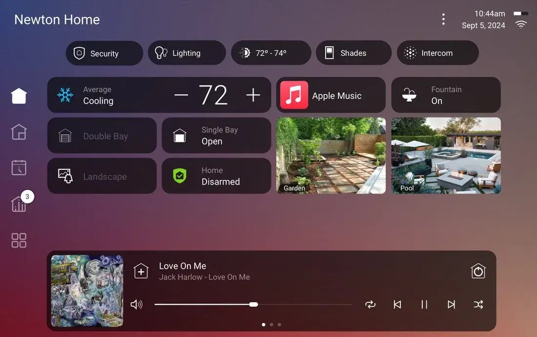 Smart home control dashboard showing lighting, climate, security, shades and audio