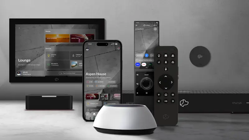 Josh.ai voice device, phone app, and remote controlling lighting, security, and media
